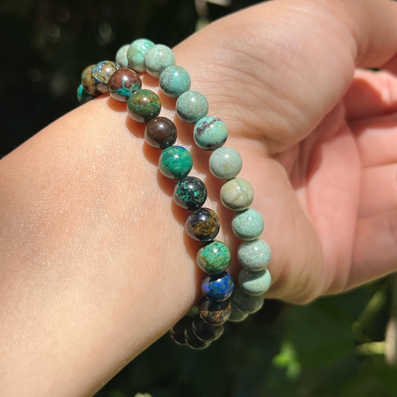 7.5mm stretchable azurite Chrysocolla bracelet‎ set - Picture 1 of 9